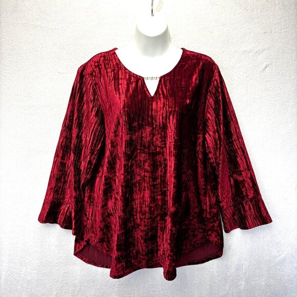 Alfred Dunner Tops - Alfred Dunner Red Crushed Velvet Shirt Womens Large Beaded Top Christmas‎ Blouse